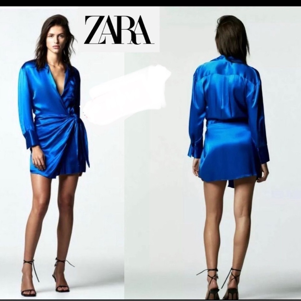 Zara Royal blue satin effect long sleeve wrap mini dress Sz S NWT